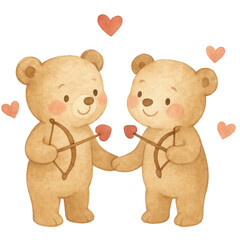 Cute watercolor teddy bear couple illustrations painted in soft pastel tones. Adorable bears showing sweet, loving poses on a clean white background, perfect for nursery art, Valentine cards, stickers