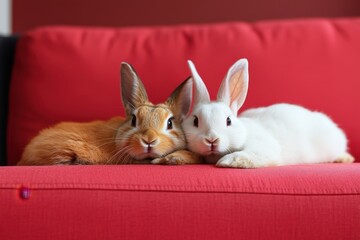 An orange and a white rabbit cuddling close together on a vibrant red couch, showcasing their playful and affectionate nature in a cozy living room setting.