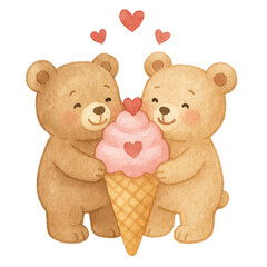 Cute watercolor teddy bear couple illustrations painted in soft pastel tones. Adorable bears showing sweet, loving poses on a clean white background, perfect for nursery art, Valentine cards, stickers