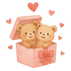 Cute watercolor teddy bear couple illustrations painted in soft pastel tones. Adorable bears showing sweet, loving poses on a clean white background, perfect for nursery art, Valentine cards, stickers