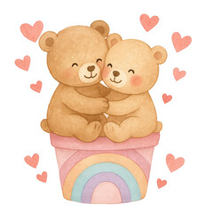 Cute watercolor teddy bear couple illustrations painted in soft pastel tones. Adorable bears showing sweet, loving poses on a clean white background, perfect for nursery art, Valentine cards, stickers