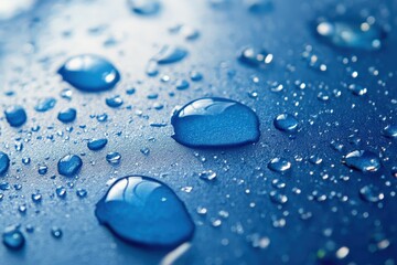 A close-up view of glistening blue water droplets on a smooth surface, capturing the beauty of nature and evoking feelings of freshness and tranquility.