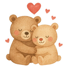 Cute watercolor teddy bear couple illustrations painted in soft pastel tones. Adorable bears showing sweet, loving poses on a clean white background, perfect for nursery art, Valentine cards, stickers