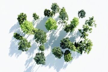 An artistic aerial view showcasing a diverse group of trees casting intricate shadows on a clean white background, celebrating nature's beauty and diversity in a stylized presentation.