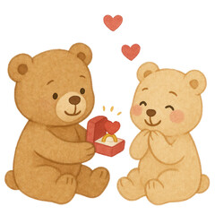 Cute watercolor teddy bear couple illustrations painted in soft pastel tones. Adorable bears showing sweet, loving poses on a clean white background, perfect for nursery art, Valentine cards, stickers