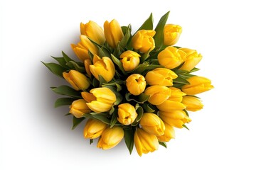 A beautiful arrangement of vibrant yellow tulips with lush green leaves, ideal for gifting or brightening any space with its cheerful and uplifting presence.