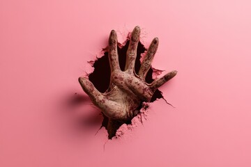 A startling image depicting a gory hand reaching through a pink wall, creating a striking contrast that evokes feelings of unease and shock.