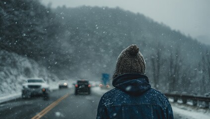 Hiker stares into a snowy road