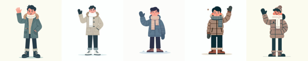 vector man waving hand in thick winter clothes