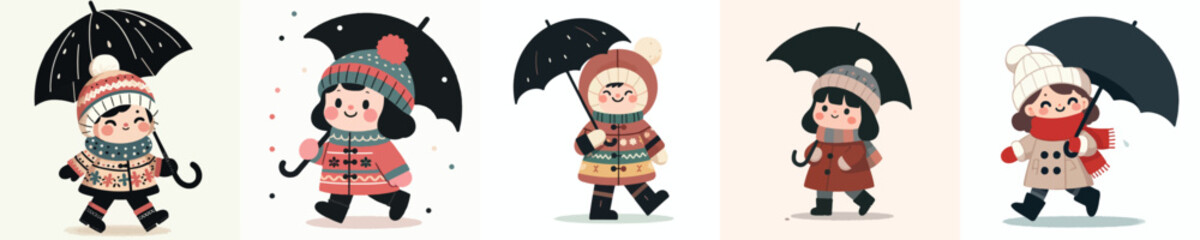vector of a little girl walking with an umbrella in winter