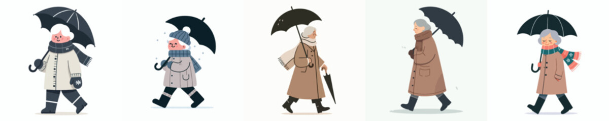 vector of a grandmother walking with an umbrella in winter