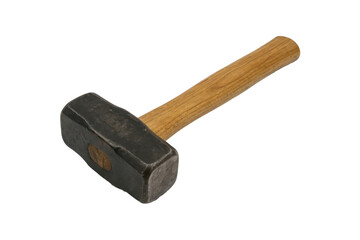 Vintage sledgehammer with a solid forged steel head and natural wooden handle isolated on a clean white background