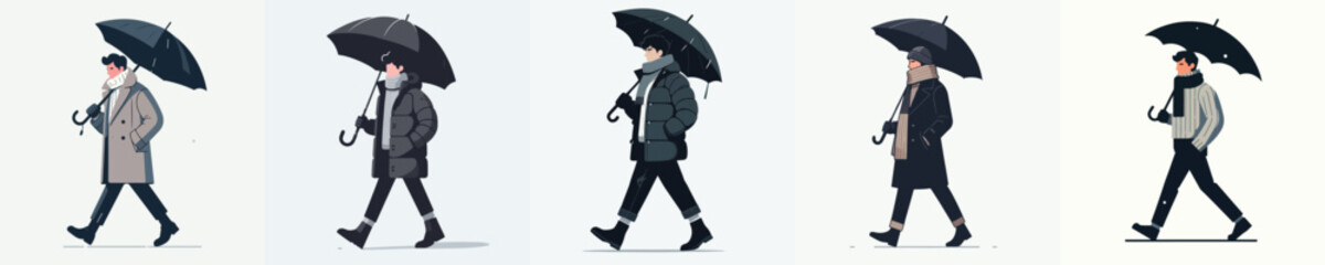 vector of a man walking with an umbrella in winter