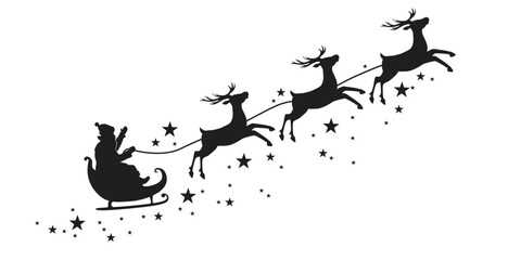 Black silhouette of Santa Claus flying in a sleigh on a reindeer sleigh surrounded by stars. Vector illustration isolated on a white background © tiena
