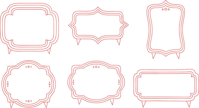 Red decorative frame, ornate border design, symmetrical label artwork, vintage signage style, ornamental curved motif, display stand template, elegant graphic illustration