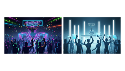 Set of two vibrant nightclub DJ and audience illustrations, isolated on transparent background