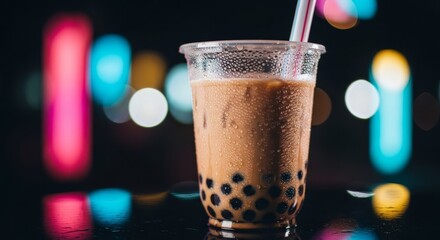 Refreshing Bubble Tea with Tapioca Pearls in a Plastic Cup.