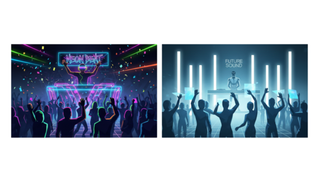 Set of two vibrant nightclub DJ and audience illustrations, isolated on transparent background