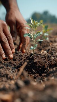 Planting New Seedling By Farmer Hands in Dirt Field