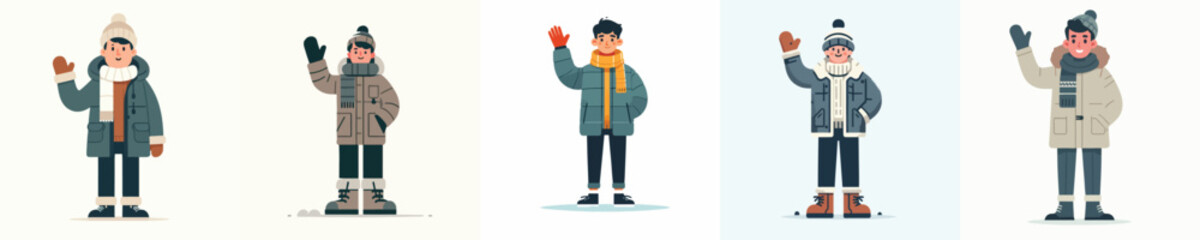 vector man waving hand in thick winter clothes