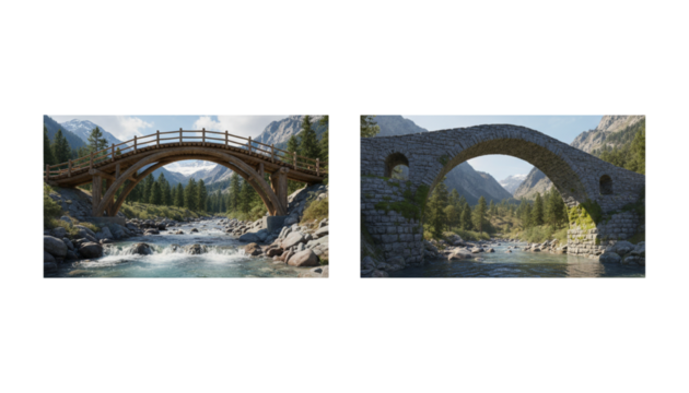 Two charming 3D mountain bridge variations over stream, isolated on transparent background