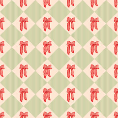 Preppy coquette bow rhombus diamond Christmas seamless pattern wrapping paper, fabric, textile