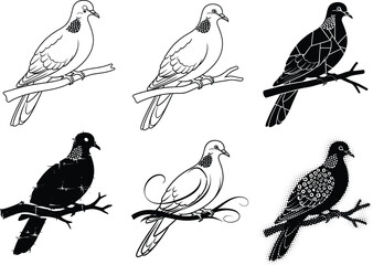 Bird illustration set, black and white styles, silhouette, geometric, halftone, decorative line art, perched bird, vector design elements