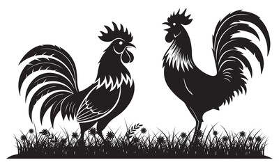 Two black rooster silhouettes on white, standing in grass, stylized farm animal illustration.
