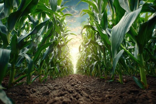 Low-angle view through a vibrant green cornfield with bright sunlight at the end - Powered by Adobe