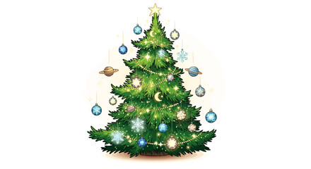 Whimsical Christmas tree with space ornaments and glowing lights for a festive holiday season, perfect for kids' designs and imaginative holiday projects