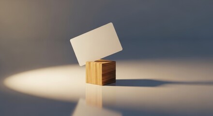 Minimalist Business Card Mockup on Wooden Block in Spotlight.