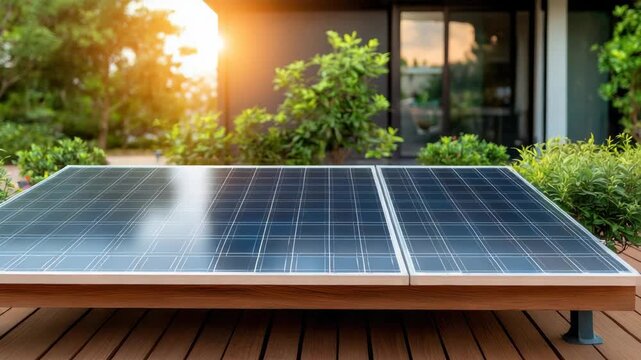 Solar panel array wooden deck with warm sunset glow and lush garden plants showcasing photovoltaic