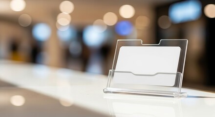 Blank business card holder on a counter with blurred background.