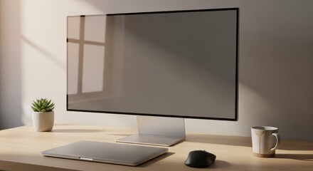 Modern workspace setup with computer, laptop, and plant on desk.
