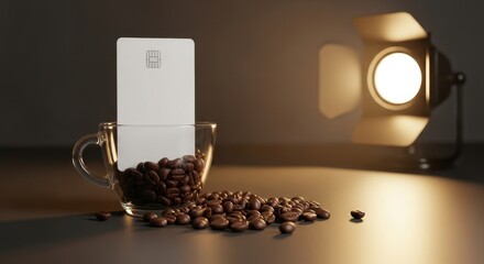 Coffee beans spill from glass with card under spotlight.