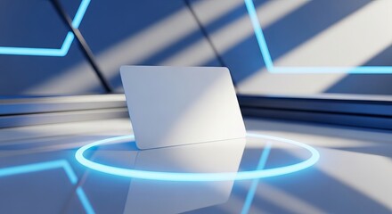 Minimalist White Object on Illuminated Platform in Futuristic Setting.