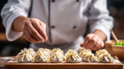 A talented chef meticulously shapes and seasons a variety of dumplings, showcasing culinary skill in a warm, bustling kitchen filled with fresh ingredients and vibrant colors