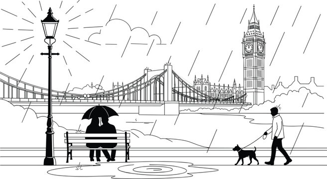 London rainy day silhouette illustration, Big Ben clock tower suspension bridge couple under umbrella walking dog puddle clouds vector artwork