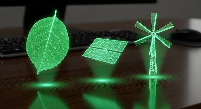 An imaginative reinterpretation of glowing green leaf, solar panel, and windmill holograms floating above luxury desktop, designed to feel fresh and visually expressive.