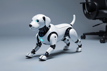 Futuristic robotic dog with bright blue eyes stands on a sleek floor, hinting at advanced technology and companionship.