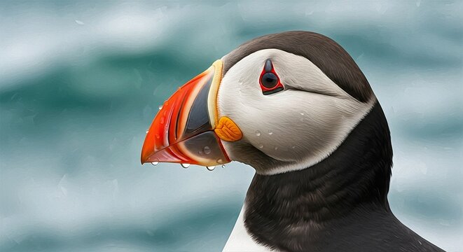 Close-up fine art image of a puffin with droplets on beak, painterly ocean backdrop, cinematic depth