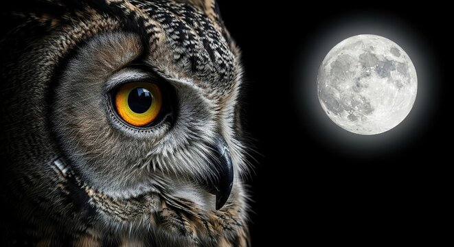 Fine art close-up of an owl&rsquo;s eye glowing in moonlight, dark cinematic tone, emotional surrealism