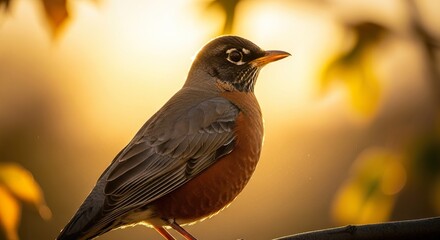 Fine art portrait of a robin in golden backlight, warm glow around feathers, poetic autumn atmosphere, cinematic realism