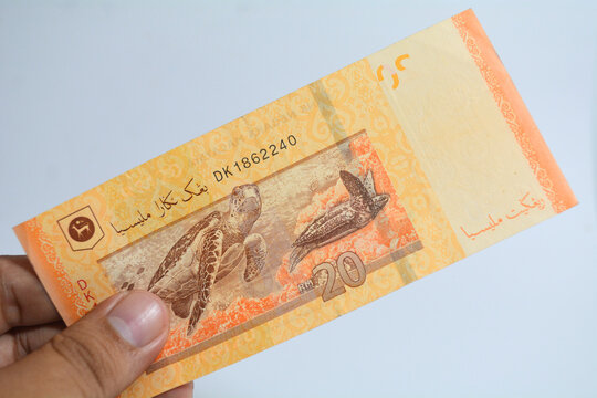 Hand holding opposite side of 20 ringgit Malaysia banknote