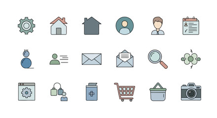 Versatile set of colorful flat line icons for web and mobile application UI design, representing various business and digital services