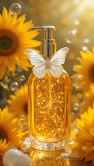 Elegant soap dispenser with butterfly design surrounded by sunflowers and bubbles