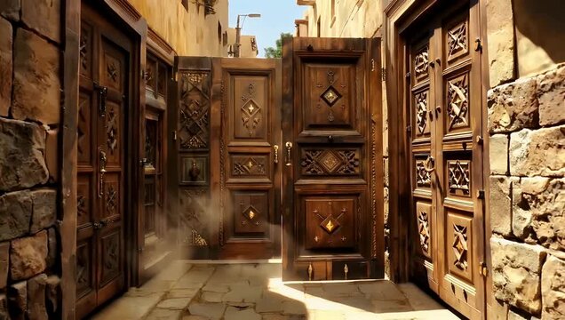 Ornate carved wooden doors set in sunlit stone corridor with intricate geometric panels