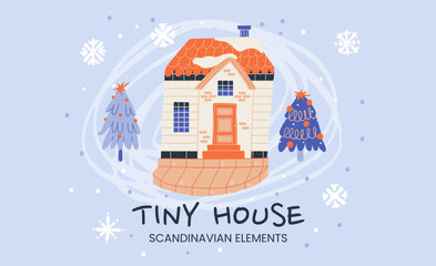 Tiny winter house with smoke and snowflakes in a scandinavian neighborhood.