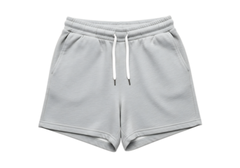 Light grey athletic shorts with white drawstring isolated on transparent background