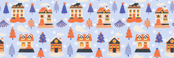 Snowy Christmas street simples pattern with simple scandinavian homes.